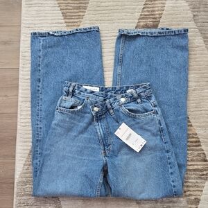 Zara Women's Crossed Waist Wide Leg Blue Jeans Size Eur 34 US 2